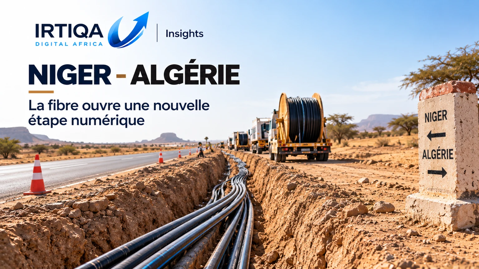 Illustration éditoriale de la dorsale à fibre optique Niger–Algérie, sans personnage ; visuel non documentaire.